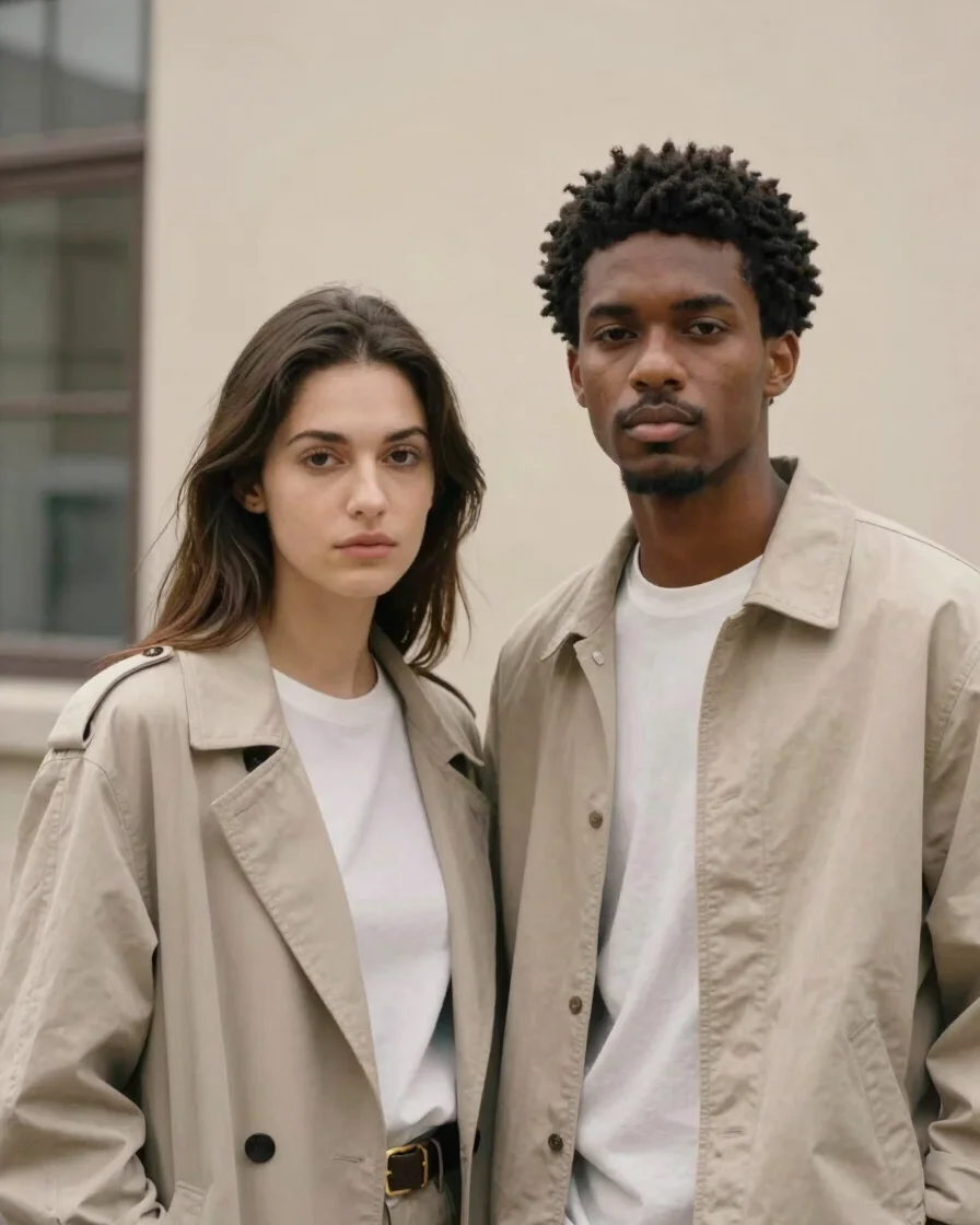High-fashion editorial portrait of a young diverse couple in neut