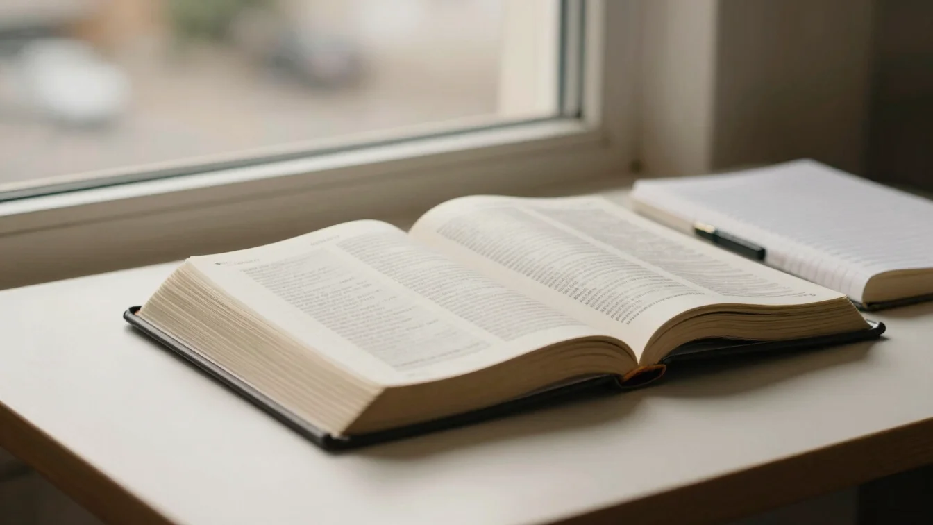 Warm editorial close-up of an open Bible and devotional journal r