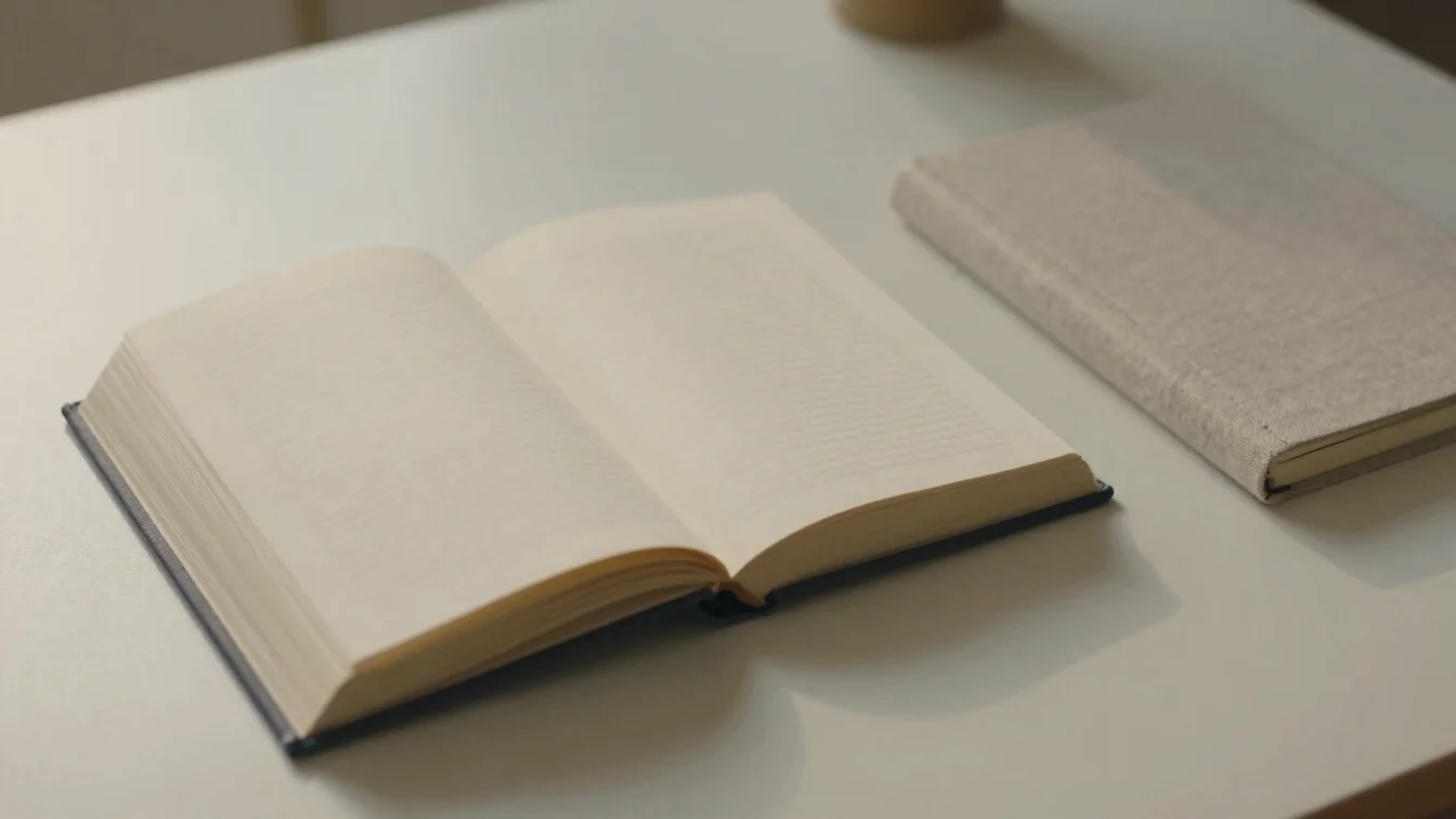 Minimalist desk setting featuring a devotional book, linen notebo