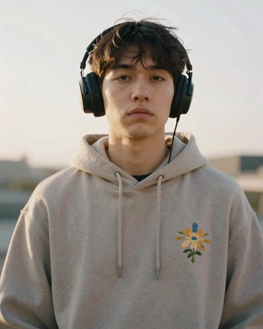 Intimate 35mm editorial photo of a young artist wearing a warm neutral embroidered hoodie with headphones, golden hour d
