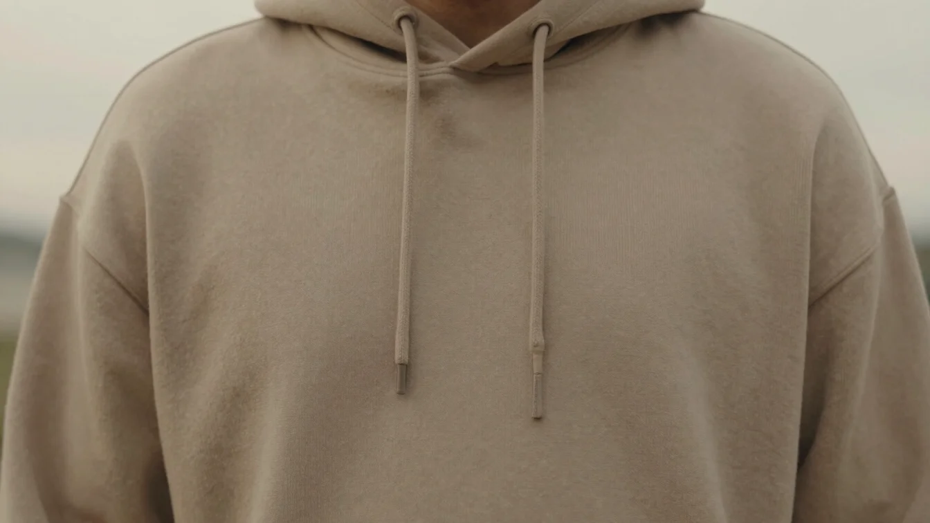 Detail shot of a sandy beige minimalist hoodie with subtle chest embroidery, high-fashion soft lighting