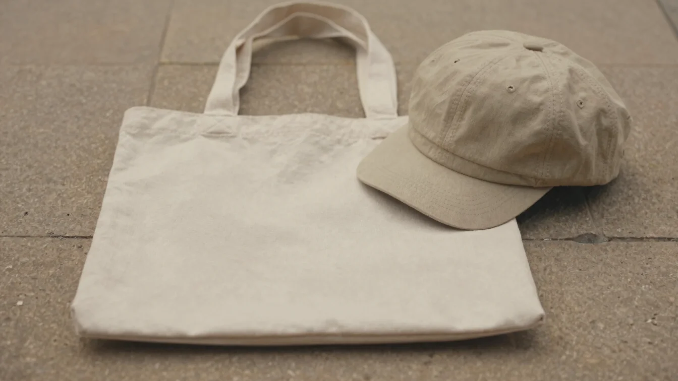 Editorial flatlay of a neutral canvas tote and structured cap on a warm stone surface