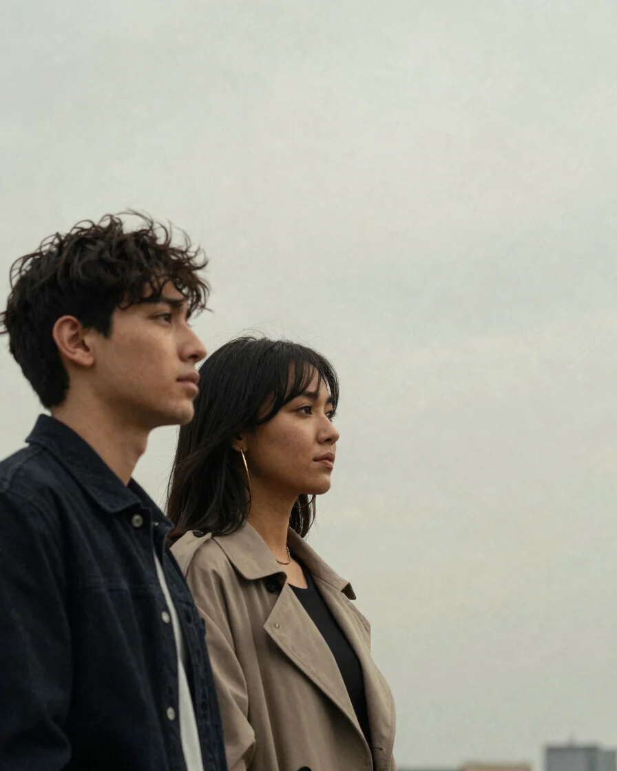 Candid portrait of two diverse young adults, a man and a woman, reflecting together, soft overcast natural daylight, mut