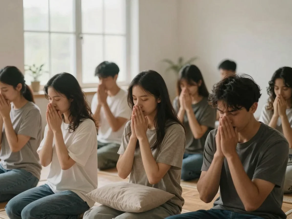 Diverse young couple praying together in a warm, minimalist home