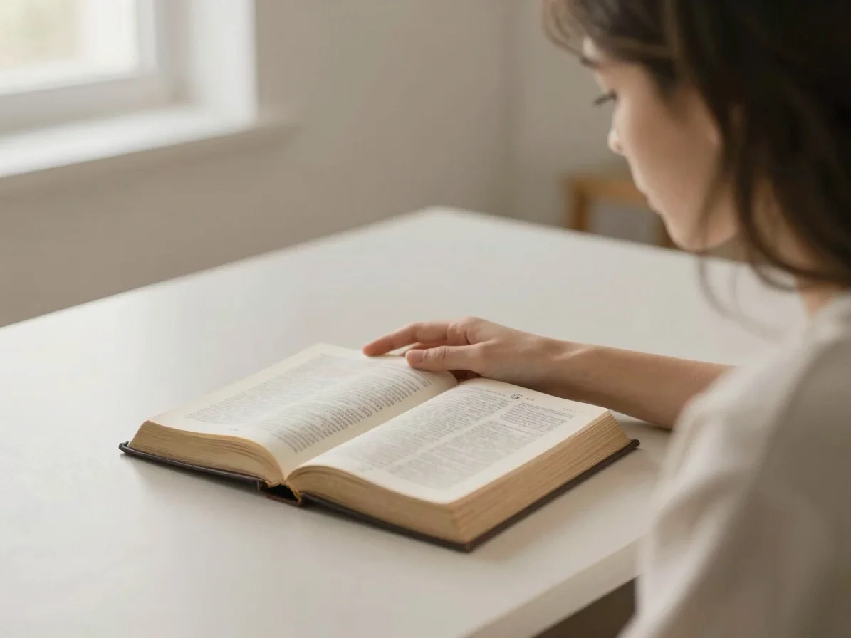 Young woman reflecting with an open Bible on a neutral-toned desk