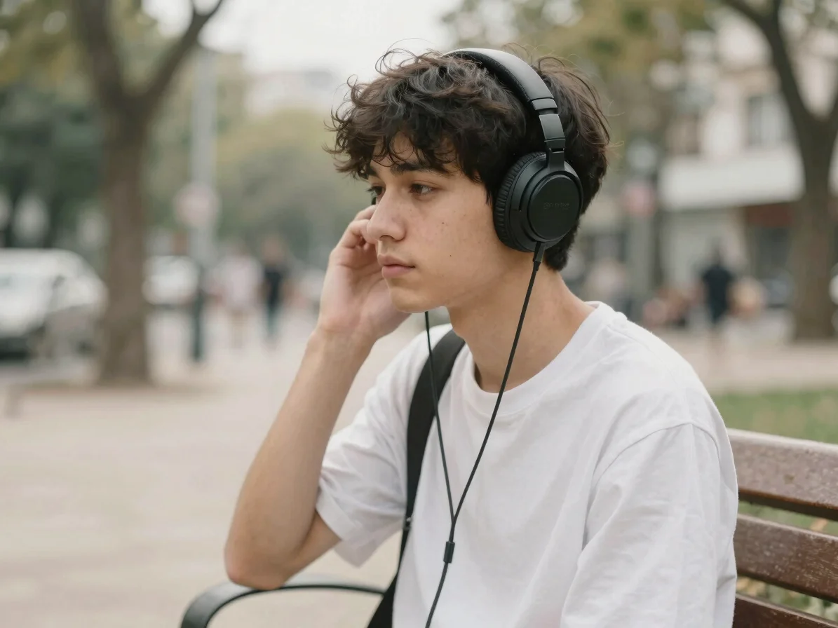 Young man in contemplation, listening to music with headphones, i