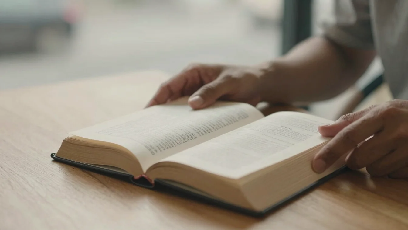Close-up of hands holding an open devotional book on a wooden table, soft morning light