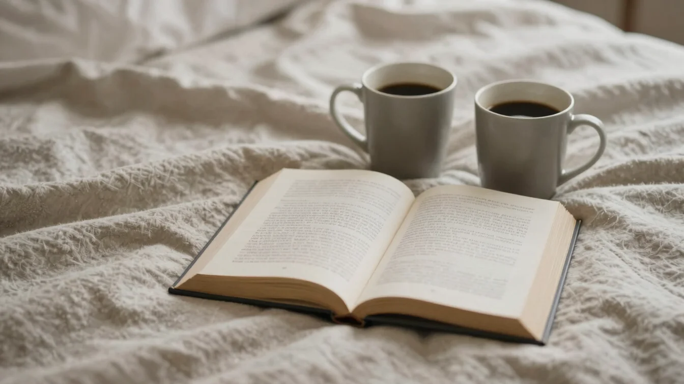 Two coffee cups and an open devotional book on a cozy blanket, gentle light