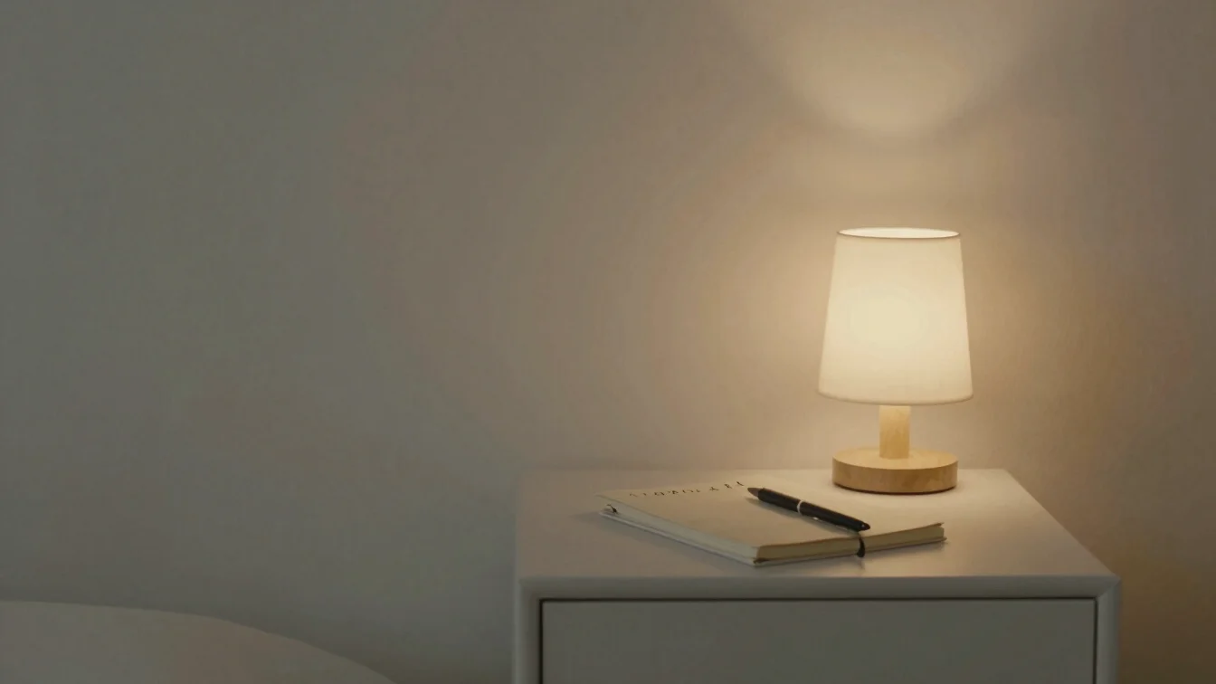 Minimalist bedside table with a journal, pen, and a warm lamp, soft evening glow