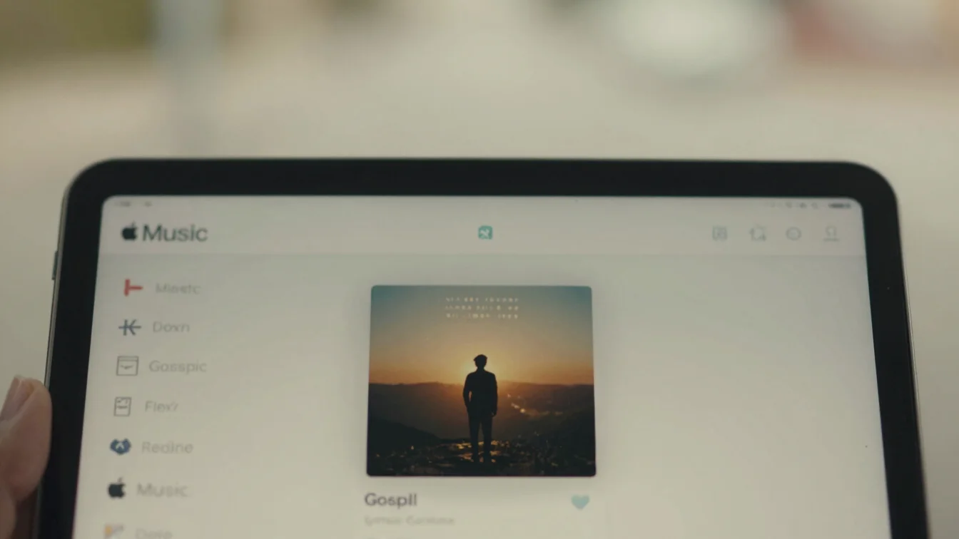 A close-up of a tablet screen displaying the Apple Music app, a n