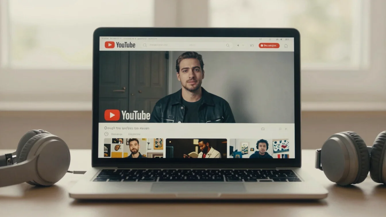 A wide shot of a laptop screen showing a YouTube music video, a p