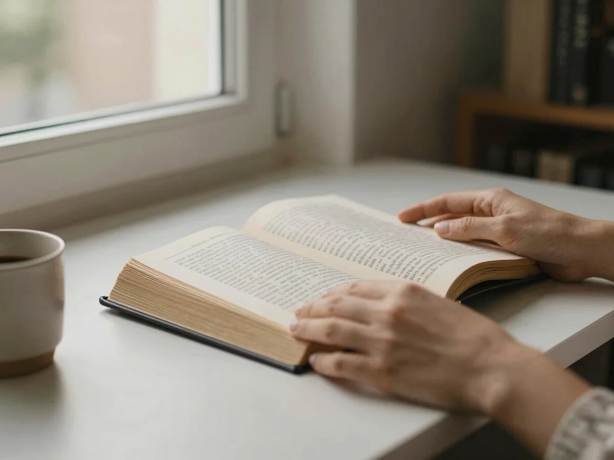 Close-up of hands holding an open devotional book on a minimalist