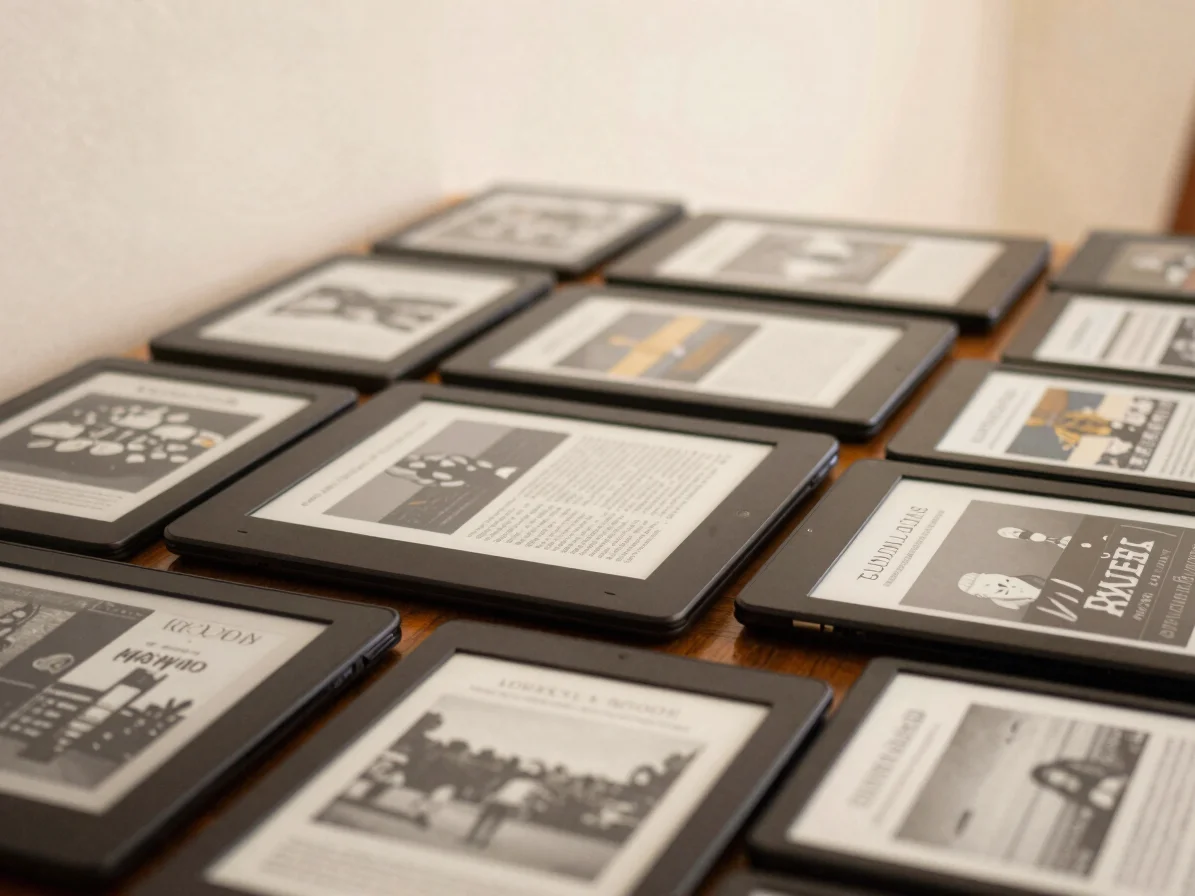 A stack of digital e-readers or tablets displaying various e-book