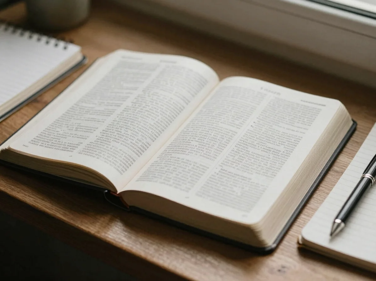 An open Bible on a wooden surface, with a notebook and pen, soft